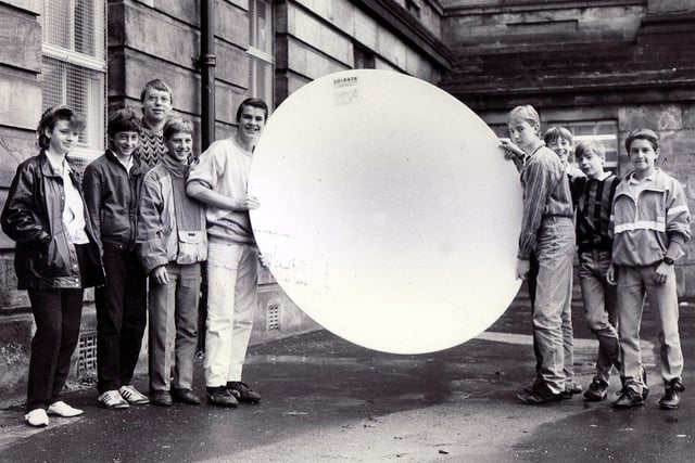 King Edward VII school pupils pictured with their satellite dish in October 1986