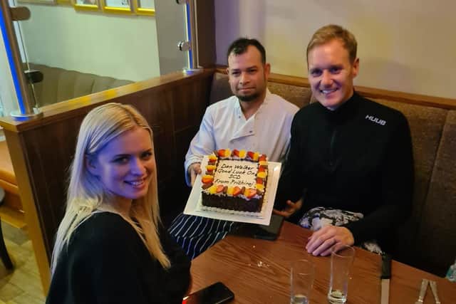 Dan Walker and his Strictly Come Dancing partner Nadiya Bychkova were presented with a special 'good luck' cake by Sobuj, the chef at Prithiraj restaurant on Ecclesall Road in Sheffield.