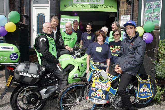 Samaritans biker David Exley with some of his supporting riders, volunteers from the Sheffield branch and support from Sheffield Tigers speedway team in 2012