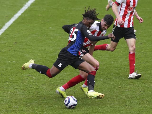 Crystal Palace's Eberechi Eze scores his side's second goal against Sheffield United. (AP Photo/Alex Livesey, Pool)