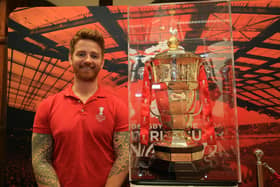 The Rugby League World Cup trophy on show at Sheffield Town Hall during a promotional tour