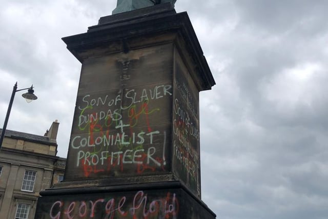 The graffiti on this statue comes after the Melville Monument in St Andrew Square memorialising Henry Dundas was targeted by activists following the protest in Holyrood Park on June 7