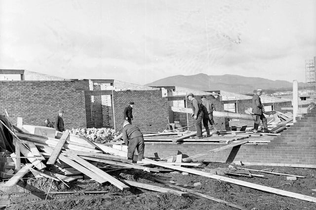 Gales in Edinburgh - Workmen clear wreckage at Hyvots Bank, 1964.