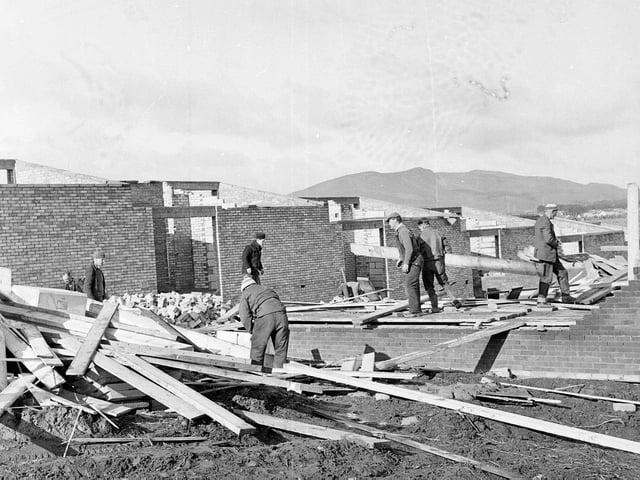 Gales in Edinburgh - Workmen clear wreckage at Hyvots Bank, 1964.