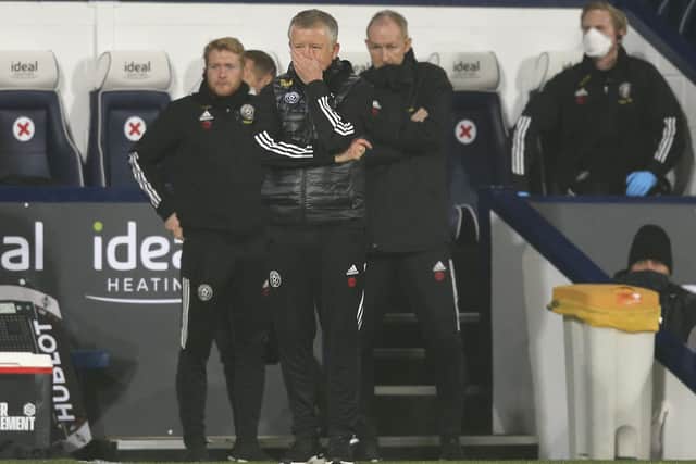 Sheffield United's manager Chris Wilder watches play during the English Premier League soccer match between West Bromwich Albion and Sheffield United at The Hawthorns: Lyndsey Parnaby/Pool via AP