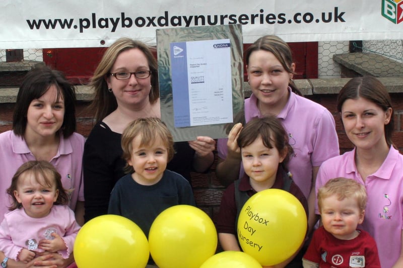 Playbox Nurseries receives 'Quality Counts' award. L-R Staff, Fiona Willers,Emma Cooper, Jody Ullyett, Laura Cooper, L-R, children, Amy Watson, Thomas Cassidy, Ebony Brocks, Joshua Nettleship.