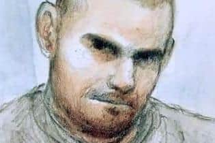 Pictured is an artist's impression of Damien Bendall, aged 32, formerly of Chandos Crescent, Killamarsh, who was sentenced to 'whole life' imprisonment after he murdered his partner, her two children and one of their young friends. Courtesy of SWNS and artist Elizabeth Cook.