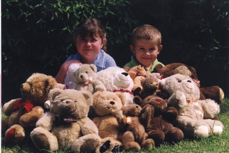 Abbey Cotterill and Reece Boden are surrounded by guests at a teddy bear's picnic at Grassmoor Primary School in 2001.