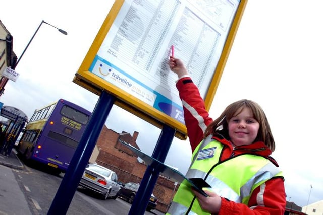 Bus stop monitor Kirsty Andrews aged 10 from Bawtry - inspecting the buses on St Sepulchre Gate in 2006.