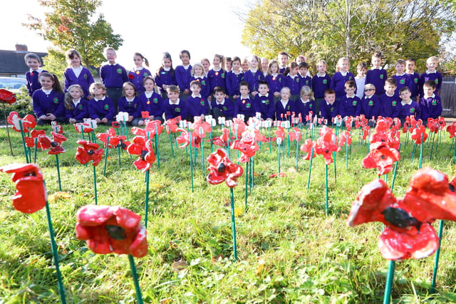 Clay poppies at Padnell Infant School, Waterlooville in 2016.
Being inspired by last year's display at the Tower of London, pupils at Padnell Infant School have made their own clay poppies for a display in the school grounds to accompany a remembrance service. Pupils in front of the poppies they made. Picture: Habibur Rahman