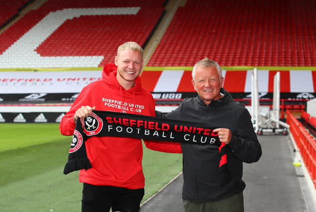 Goalkeeper Aaron Ramsdale signs for Sheffield United and is welcomed by manager Chris Wilder at Bramall Lane, Sheffield.  Simon Bellis/Sportimage