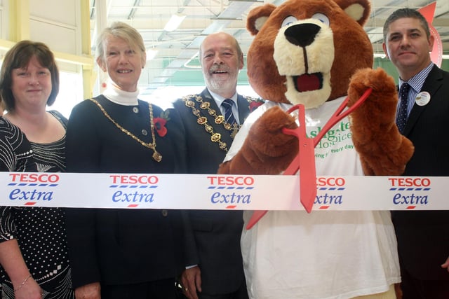 Opening of New Tesco Store in Chesterfield in 2009. L-R, Emily Evans (Ashgate Hospice), Mayor and Mayoress of Chesterfield, The Ashgate Hospice Mascot, Michael Cooke (Store Manager).
