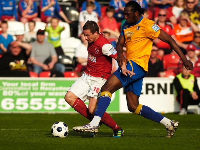 Long throw specialist Exodus Geohaghon joined Stags on loan on 24 February 2012 after Darlington's financial difficulties. He played an important role in Stags getting to the Conference Premier play-offs before being beaten by York. He is pictured here challenging Jamie McGuire for the ball.