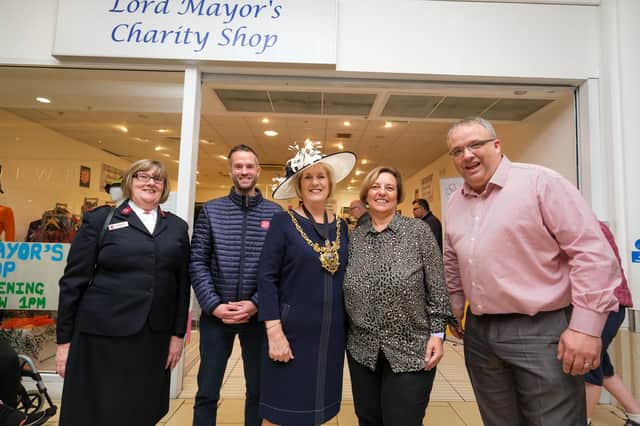 Lord Mayor of Sheffield Coun Gail Smith opens her mayoral charity shop in Crystal Peaks Shopping Centre with representatives of the three charities