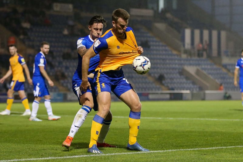 Rhys Oates is fouled as he holds up the ball on the edge of the Colchester area