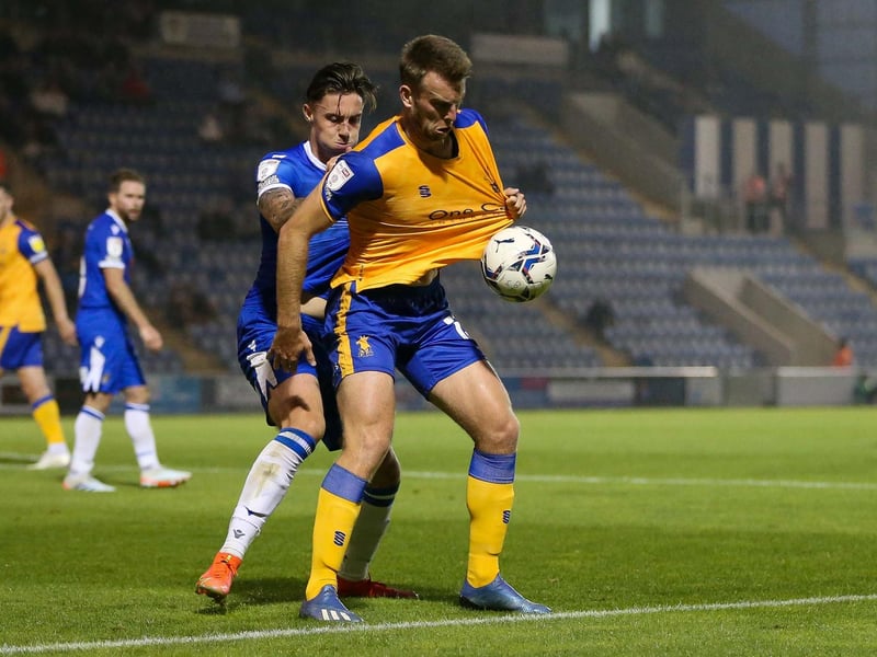 Rhys Oates is fouled as he holds up the ball on the edge of the Colchester area