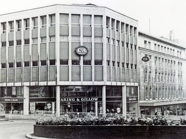 Waring & Gillow Furniture Store (in the former premises of Peter Robinson fashion store) and C & A Modes, High Street, Sheffield, 1988