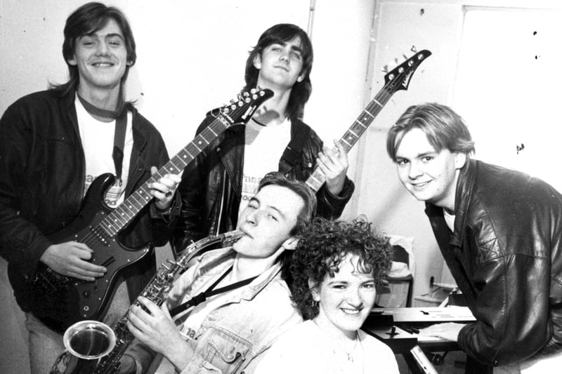 The South Tyneside band Chocolate Roundabout in 1991. The members were five students from South Tyneside College. Singer, Donna Sherina Buglass; Lee Everest, guitar, back left; sax player Ian Trewhella; keyboard player, Tony Wilson; bass player Craig Stephenson, back centre