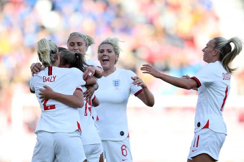 Millie Bright celebrates with team-mates during a friendly with Norway in Bergen on September 03, 2019.