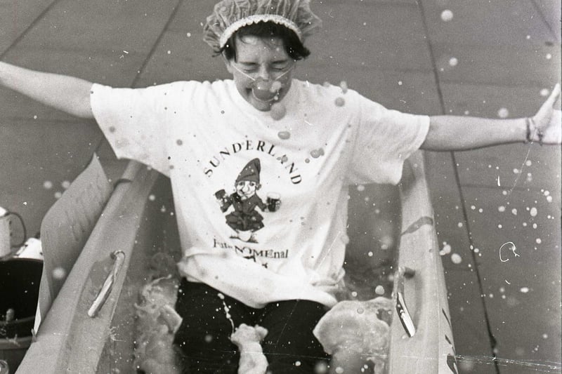 Judith Edwards was pictured in a bath of paste on Red Nose Day in 1991. Remember this?
