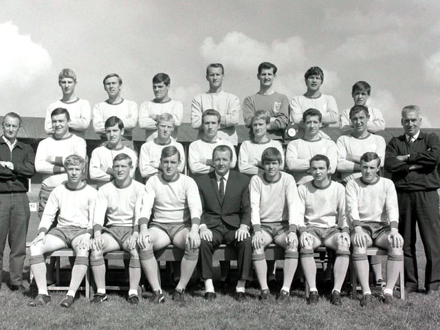 Left to right. Back row; Taylor, Richardson, Morris, Humphreys, Wilson, Derko and Elliott. Middle row; Carter, trainer, Mallinson, Coleman, Brace, Ferns, Gregson, Curry, McKinney, Weaver coach. Front row: McGeorge, Mitchinson, Williams Tommy Cummings, Manager, Overton, Burns and Aldread.