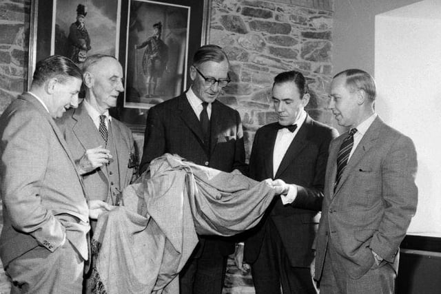 George Roberts & Co Ltd, tweed mill, August 1962. From left, E. Dryden, Sir J. Roberts, S. Roberts, J. MacPherson and G. Roberts.