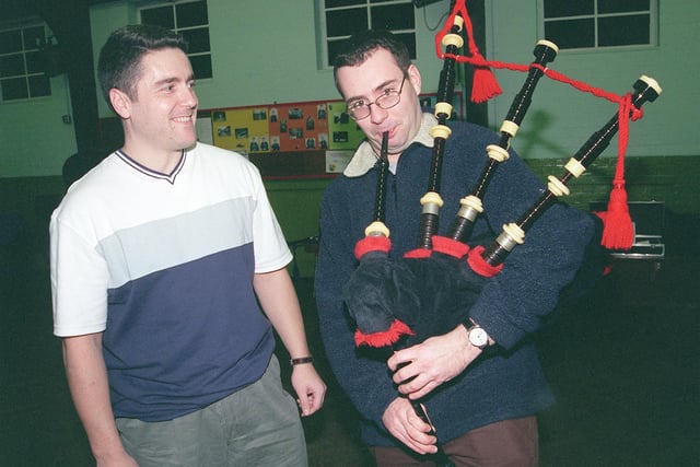 Lech Mintowt-czyz is seen playing the bagpipes with the City of Sheffield Pipe band. With him is piper Mike Donnan at Norton Church Youth Hall, in 2000