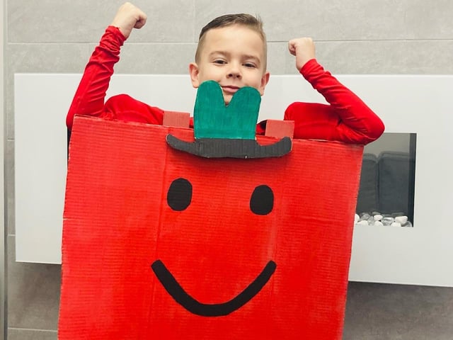 Tommy age 8 dressed as Mr Strong from the Mr Men books for World Book Day.