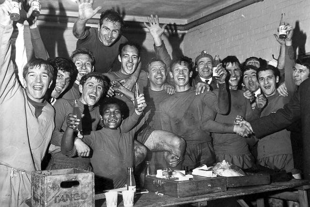 Hartlepool players celebrate the club's first-ever promotion after going up to Division Three in 1968.