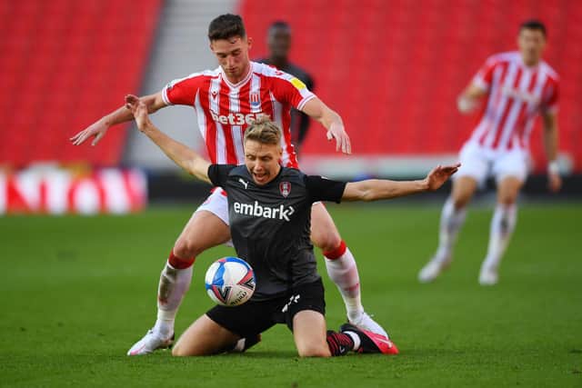 Jamie Lindsay of Rotherham United is challenged by Stoke City's Jordan Thompson during the Sky Bet Championship clash at the Bet365 Stadium on Saturday. (Photo by Gareth Copley/Getty Images)