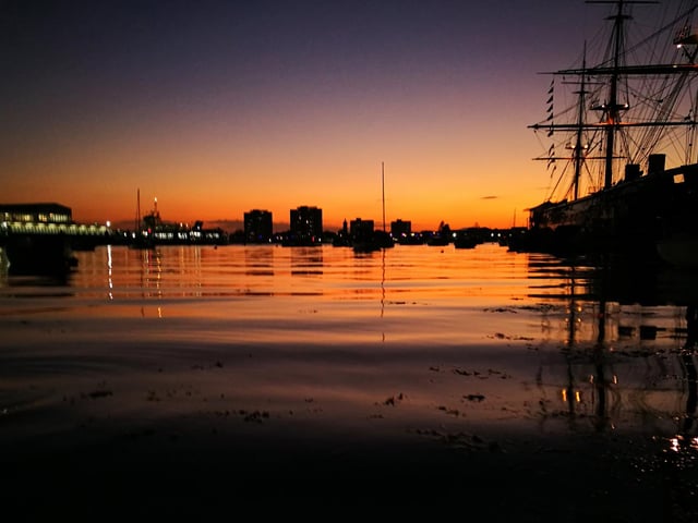 HMS Warrior at sunset, with the reflection looking beautiful.