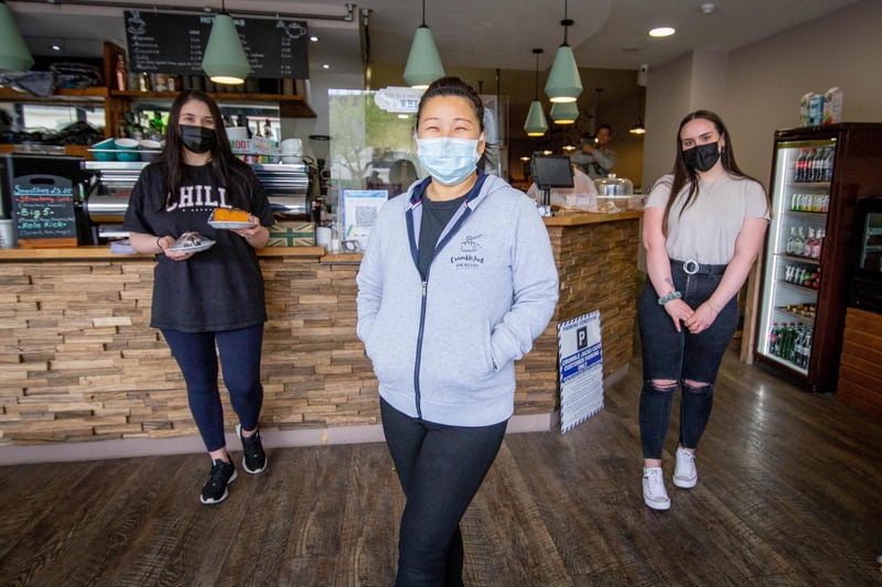 Jojo Cheung, 47, the owner of CrumbleJack, Fareham with staff, Ionica Suruianu and Lucy Sheppard. Picture: Habibur Rahman