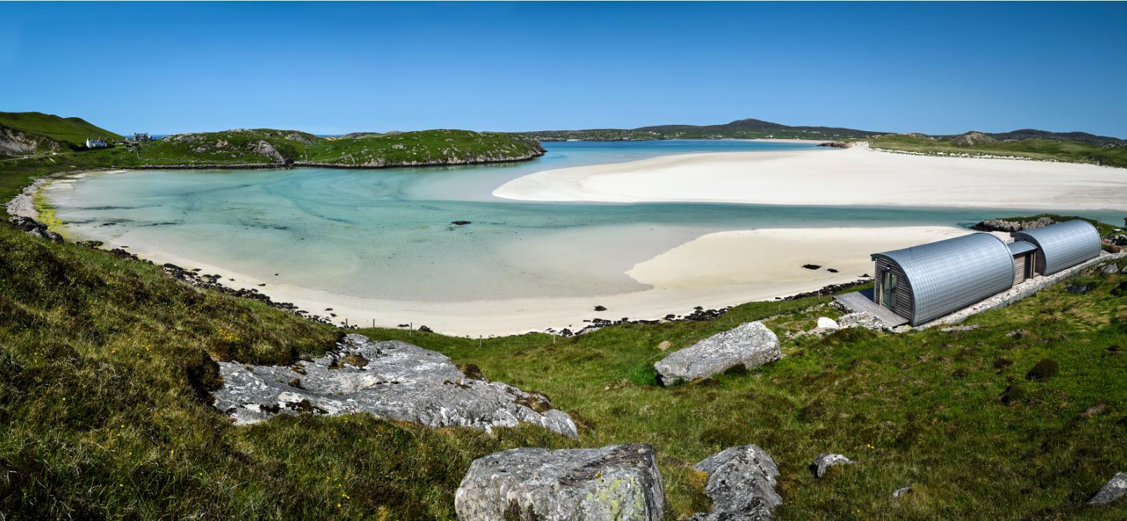 The two cabins can be found on Uig Sands, Near Timsgarry, Isle of Lewis, Scotland. According to owner Richard Leparoux, the spot it well-hidden and the three-mile-long beach makes it a perfect spot to relax. A local community shop is nearby for essentials, but other than that guests can enjoy walks along the white sandy beach.