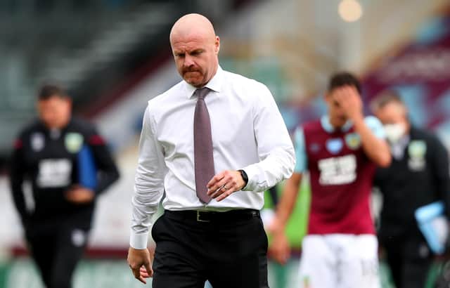BURNLEY, ENGLAND - JULY 26: Sean Dyche, Manager of Burnley reacts after the Premier League match between Burnley FC and Brighton & Hove Albion at Turf Moor on July 26, 2020 in Burnley, England