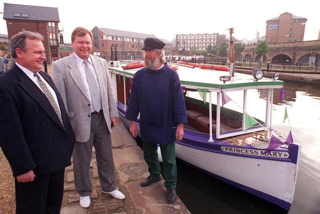 Donetsk officials, Anatoly Bliznyuk and Victor Yermakov with the skipper of the 'Princess Mary', Martin Heywood, pictured at Sheffield Canal Basin after the canal trip in 1998