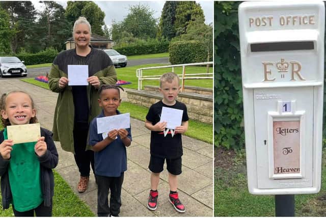 One of the new white Letters to Heaven postboxes which have been placed at six cemeteries around Sheffield and (left) Chloe Hill, who started the campaign to get them introduced, with her son Noah Lawrence, aged 6; Chloe's late friend Katie Hawxwell's son, Jax Jackson, 5; and Katie's cousin, Renae Risden, 6.