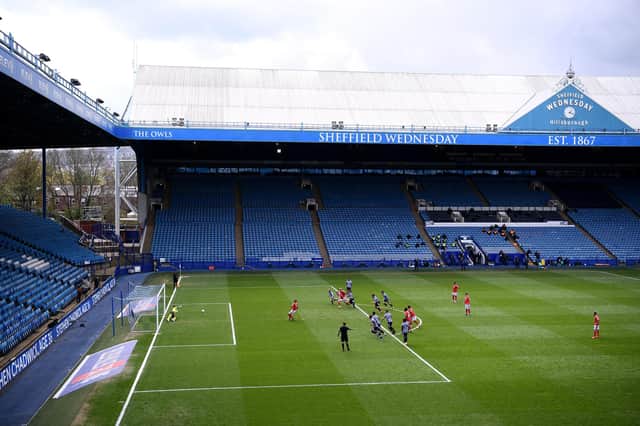 SHEFFIELD, ENGLAND - MAY 01: General view inside the stadium as Lewis Grabban of Nottingham Forest misses a penalty, as Keiren Westwood of Sheffield Wednesday makes the save during the Sky Bet Championship match between Sheffield Wednesday and Nottingham Forest at Hillsborough Stadium on May 01, 2021 in Sheffield, England. (Photo by Laurence Griffiths/Getty Images)