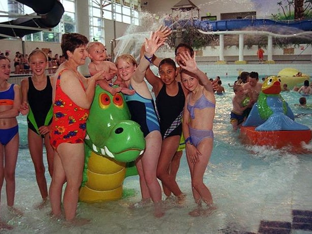 Kids enjoy the festivities as the beach pool is re-opened with new attractions at Hillsborough Leisure Centre on July 22, 1999