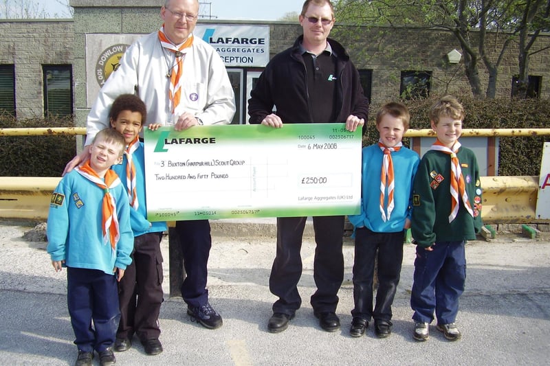 Pictured are Mark Rushworth, Group Scout Leader and Patrick Shepherd, Quarry Manager Lafarge Aggregates Dowlow Works together with Beavers and Cubs from the group in 2008