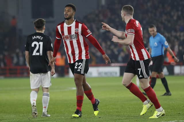 Lys Mousset of Sheffield Utd celebrates his goal against Manchester United during the Premier League match at Bramall Lane, Sheffield. Picture date: 24th November 2019. Picture credit should read: Darren Staples/Sportimage