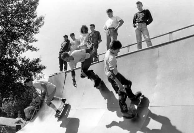 Skaters on the skateboard ramp at Hillsborough Park, Sheffield, in July 1988
