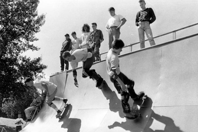 Skaters on the skateboard ramp at Hillsborough Park, Sheffield, in July 1988