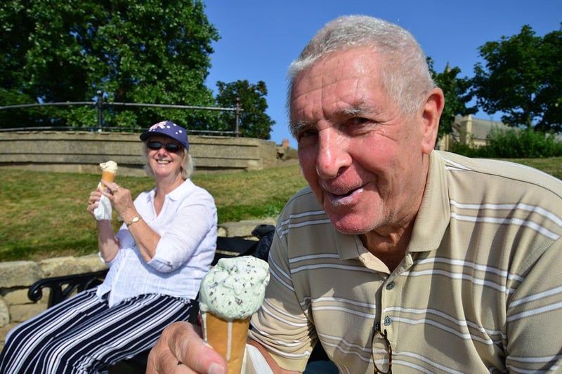 Val Turner and Vic Scott cooling down with an ice cream in the Croft Gardens, Headland, Hartlepool.