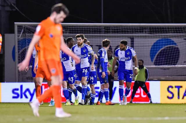 Goal 1-1 - Jonah Ayunga (21) of Bristol Rovers celebrates scoring the equalising goal during the EFL Sky Bet League 1 match between Bristol Rovers and Portsmouth at the Memorial Stadium, Bristol, England on 16 February 2021.