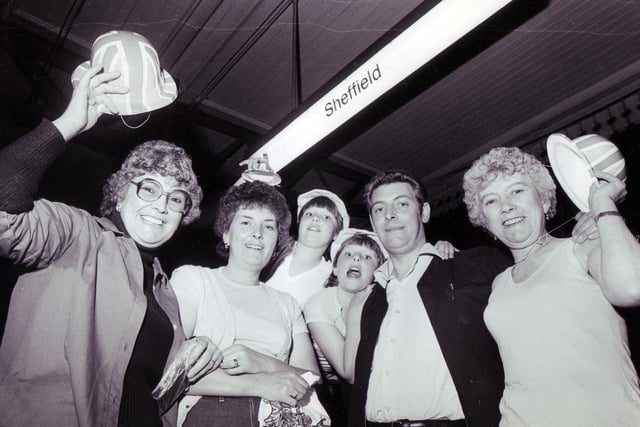 Train driver Terry Hayselden with some of his passengers on the first leg of their journey from Sheffield Midland station to London for the wedding of Charles and Diana, July 1981 from left Yvonne Hall, Kathleen Hall, Katheryn Hall, Helen Hall and Bronwell Fellender