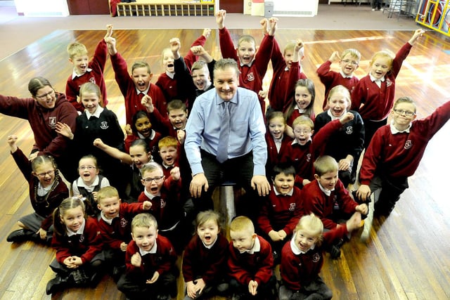 West View Primary school headteacher Andy Brown with pupils as they celebrate his 20 years at the school. Remember this from 2016?