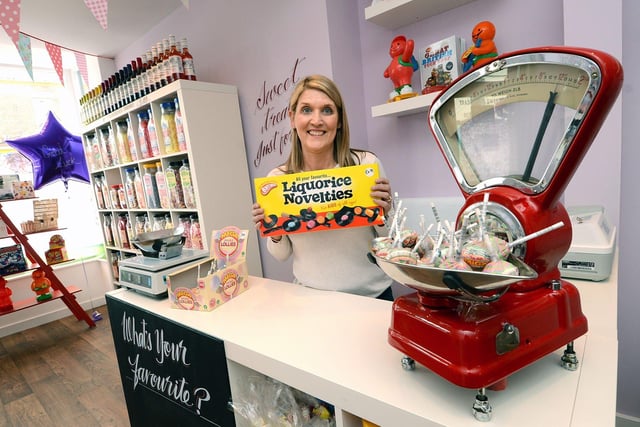 Jane Peckett in her brand new sweet shop in Sharrow Vale Road, Sheffield in 2014