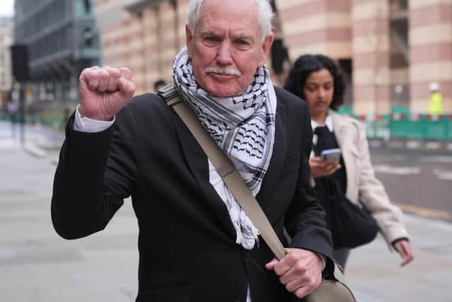 Michael Rabb, from Colorado, arrives at the City of London Magistrates' Court, where he is on trial for carrying a sign supporting Hamas on October 21 last year in Sheffield city centre. He is accused of displaying an article, namely a sign, in such a way or in such circumstances as to arouse reasonable suspicion that you were a member or supporter of a proscribed organisation, namely Hamas. Picture date: Tuesday April 2, 2024.  Photo: Lucy North/PA Wire