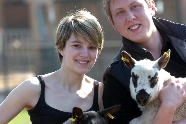 Rachel Handisides (21) and Jamie Sandy (20) who got engaged on Valentines Day 2009, pictured with lambs - also Rachel and Jamie - born on Valentines Day at Graves Park Animal Farm