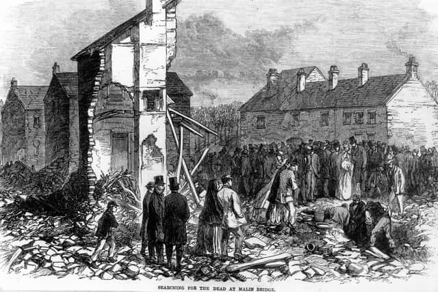 Sheffield Flood 1864: a newspaper illustration of people searching for the dead at Malin Bridge